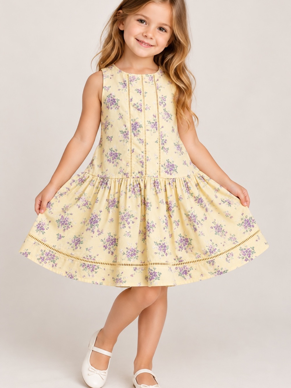 Janie & Jack Girls Size 6 Pale Yellow Floral Cotton Dress